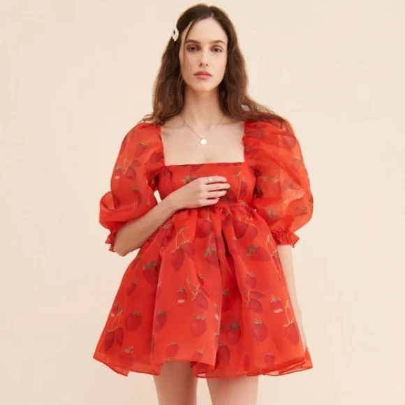 Selkie Red Strawberry Puff Dress L - Picture 4 of 10